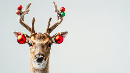Christmas Deer with Ornaments on Antlers isolated on white background. Concept of Holiday Spirit, Festive Decoration, Winter Season, and Christmas Cheer. Copy space.の写真素材