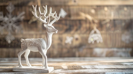 Rustic Wooden Deer Sculpture Against Weathered Plank Wall in Sunlit Forest Setting. Concept of Nature-Inspired Art, Woodland Decoration, Natural Beauty. Copy space.の写真素材