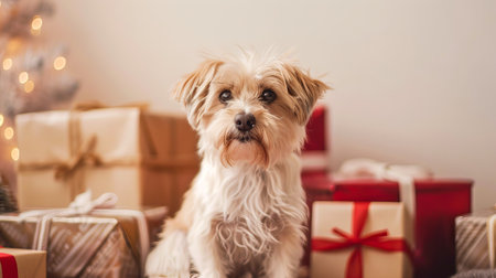 Adorable curly-haired dog surrounded by festive Christmas presents and holiday decorations. Concept of joyful pet moments, cozy holiday atmosphere, Christmas celebration, canine companionship.の写真素材