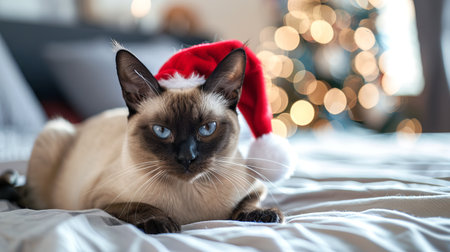 Siamese Cat Wearing Christmas Santa Hat Relaxing on Bed with Festive Lights in Background. Concept...
