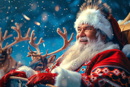 Santa Claus joyfully riding a sleigh with reindeer in a winter wonderland. Concept of cultural diversity, holiday spirit, festive celebration, and joyful winter traditions.の写真素材