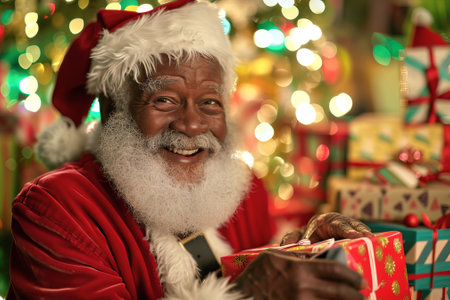 Joyful African American Santa Claus with Holiday Gifts Embracing Christmas Spirit in Festive Ambiance. Concept of Holiday Spirit, Gift Giving, Joyful Celebrations, and Cultural Diversity. Copy space.の写真素材