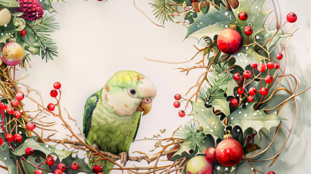 Digital Illustration of a Quaker Parrot Perched on a Festive Wreath. Concept of Christmas, Holiday Cheer, Nature's Beauty, Festive Decorations, Colorful Wildlife.の写真素材