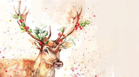 Colorful Watercolor Illustration of a Reindeer with Festive Antlers Adorned with Holly Berries and Leaves. Copy space.の写真素材