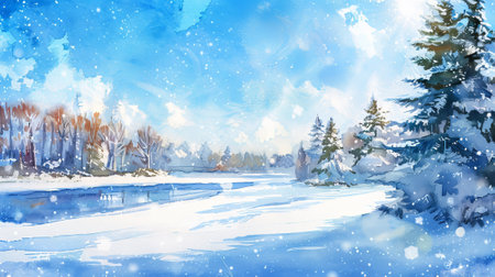 Watercolor Winter Landscape with Snowy Trees and Frozen River. Concept of Tranquil Nature, Serene Winter Scene, Peaceful Scenery, Seasonal Beauty.の写真素材