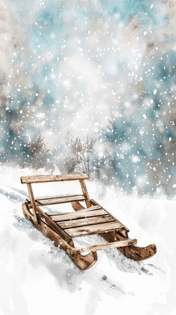 Watercolor Art of a Wooden Sled on Snowy Hill with Falling Snowflakes. Concept of Winter Adventure,...