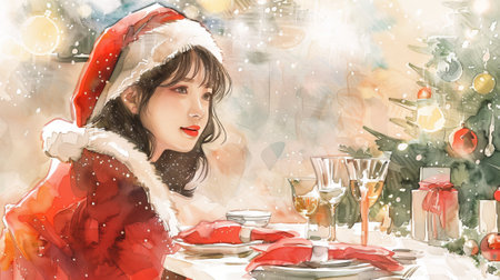 Festive Celebration Watercolor Art of a Young Asian Woman in Santa Hat at Christmas Dinner Table with Tree. Concept of Holiday Cheer, Cultural Festivity, End-of-Year Joy, Festive Gatherings.の写真素材