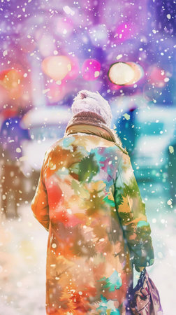Watercolor Art of Elderly Caucasian Woman Walking on a Snowy Street, Concept of Winter Fashion, Solitude, Aging Gracefully, and Colorful Outerwear. Vertical.の写真素材