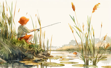 Young Boy Fishing by a Tranquil Pond Amidst Tall Grasses in a Watercolor Art Scene. Concept of Child's Adventure, Serenity in Nature, Outdoor Relaxation, and Simple Pleasures.の写真素材