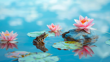 Frog sitting on a Rock in a Tranquil Pond Surrounded by Water Lilies, Concept of Serenity, Nature's Beauty, Wildlife, and Peaceful Aquatic Scenes.の写真素材