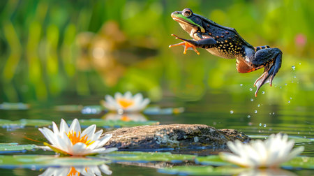 Frog Leaping from a Rock in a Tranquil Pond Surrounded by Water Lilies. Concept of Nature's Beauty, Wildlife Action, Serene Environment, and Pond Ecosystem.の写真素材