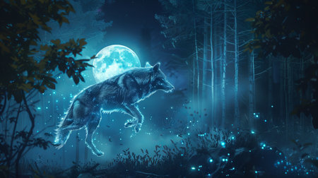Enchanted Cybernetic Wolf Leaping in Digital Neon Forest Under Full Moon Glow. Concept of Futuristic...