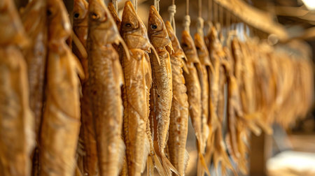 Dried fish hanging in a row for preservation, highlighting traditional food preparation and seafood culture.の写真素材