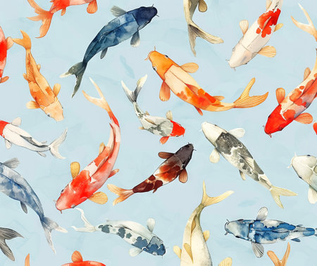 Vibrant watercolor fish scattered on light blue background - concept of nature, marine life, tranquility. Background.の写真素材