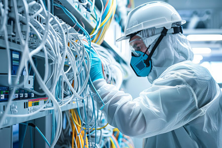 Engineer in protective gear working with electrical wiring - concept of safety, technology,...