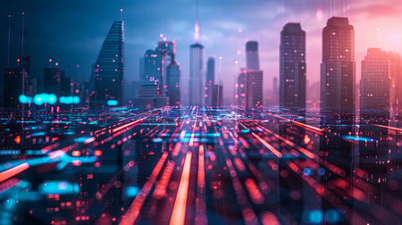 Futuristic cityscape with glowing internet wires and skyscrapers at dusk. concept of urban innovation, connectivity, digital transformation.の写真素材