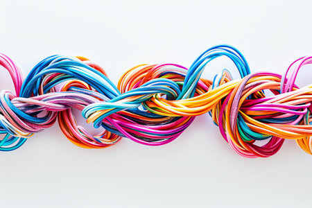 Vibrant minimalistic display of twisted internet wires in modern colors. concept of technology, connectivity, and digital networks. White background.の写真素材