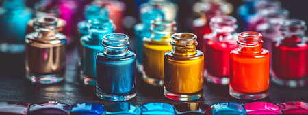 Vibrant nail polish bottles neatly arranged in various shades. concept of beauty, fashion, colorful cosmetics, makeup trends. Banner.の写真素材