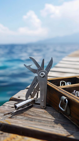 Compact fishing multi-tool with various implements on wooden dock by ocean. concept of versatile...