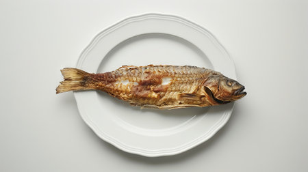 Close-up of a single dried fish on a white plate highlighting seafood cuisine and minimalist...