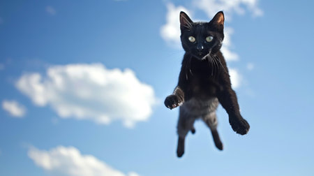 Sleek black cat in mid-air jumping gracefully against blue sky. concept of agility, freedom, feline elegance, adventure. Cute kitten.の写真素材