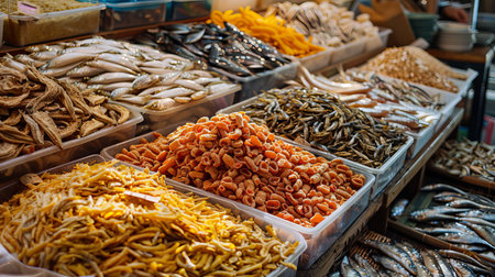 Assortment of dried and cured fish in market display: concept of culinary ingredients, seafood variety, marketplace scene, traditional food.の写真素材