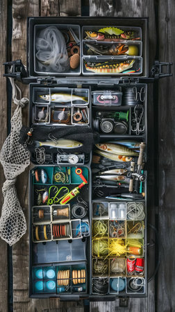 Well-organized fishing tackle box displaying lures, hooks, and fishing gear for enthusiasts and anglers. Vertical.の写真素材