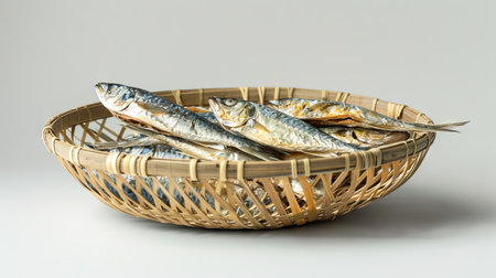 Dried fish arranged in a wicker basket on white background - concept of traditional seafood preservation and culinary ingredients.の写真素材