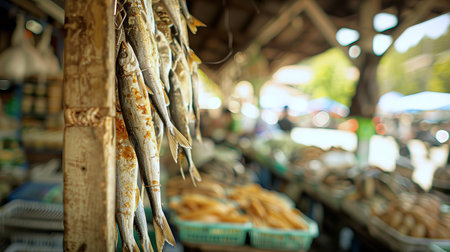 Dried fish hanging at a local market with blurred background showcasing various seafood products. Concept of traditional food, local markets, and culinary culture. Cured fish.の写真素材