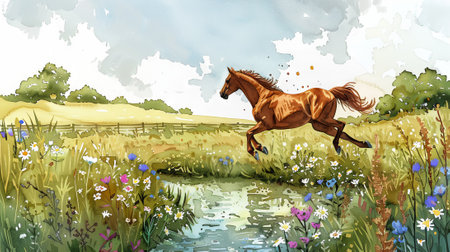 Dynamic watercolor artwork of a horse galloping and jumping across a vibrant meadow, showcasing nature's beauty and motion.の写真素材