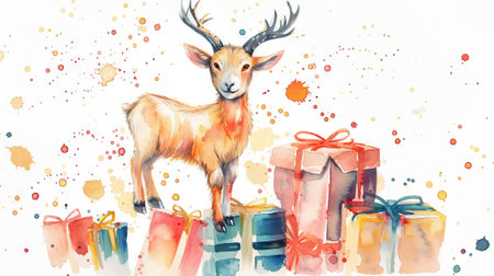 Watercolor illustration of goat surrounded by gift boxes with festive ribbons and splattered paint background. Concept of holiday celebrations, seasonal gifts. Merry Christmas. Happy Birthday.の写真素材