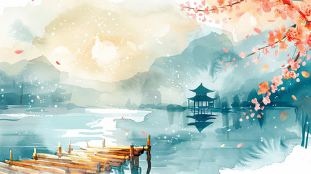 Serene lakeside view with pink blossoms in watercolor illustration. concept of tranquility, nature beauty, and japanese harmony.の写真素材