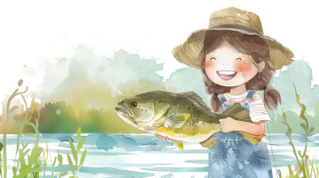 Cheerful asian kid girl holding a fish by the lakeside in a watercolor illustration. concept of outdoor adventure, nature exploration, childhood joy, fishing.の写真素材