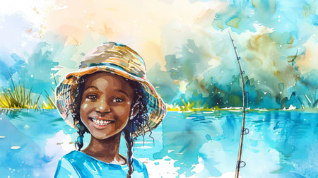 Joyful African American child girl fishing, vibrant watercolor scene of outdoor adventure. Concept of young fisher, childhood joy, outdoor activity, summer fun, playful innocence.の写真素材