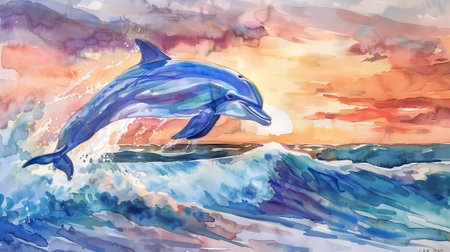 Vibrant watercolor dolphin jumping through ocean waves at sunset.の写真素材