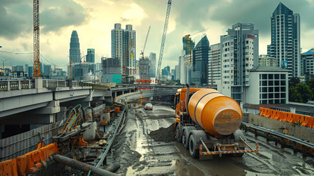 Construction Scene with Large Concrete Mixer Truck in Urban Setting. Concept of Architecture, Urban Development, Heavy Machinery, and City Infrastructure.の写真素材