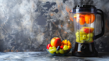 Modern kitchen design featuring a powerful blender with fresh fruits for healthy living. Copy space.の写真素材