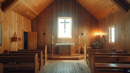Rustic church interior with wooden walls featuring altar and cross.の写真素材