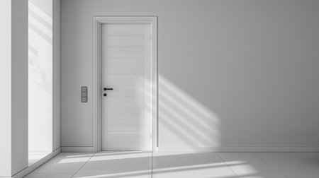 Modern minimalist white door in sunlit room interior design. Copy space.の写真素材