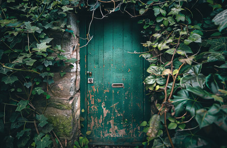 Rustic charm of a vintage green door with peeling paint surrounded by lush ivy.の写真素材