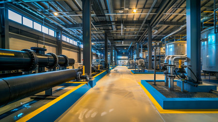 Industrial Water Treatment Plant Interior with Large Tanks and Pipes. Concept of Environmental...