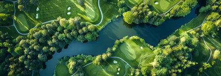 Aerial view of tranquil golf course with lush greenery and serene water features. Banner.の写真素材