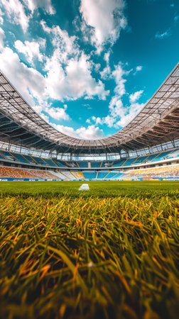 Empty stadium with blue and yellow seats and open roof under cloudy sky. Vertical.の写真素材