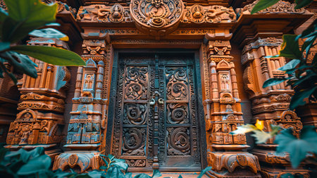 Intricately carved wooden door with ornate details and lush surroundings for architectural inspiration.の写真素材