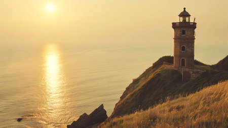 Tranquil sunset view of old brick lighthouse by the sea.の写真素材