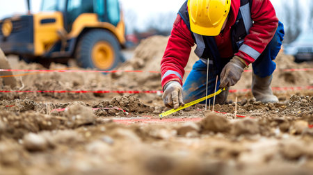 Asian male worker measuring and marking construction site. concept of precision in groundwork, engineering, outdoor labor.の写真素材