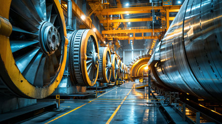 Industrial Interior of a Hydroelectric Power Station Featuring Turbines and Machinery. Concept of Renewable Energy, Engineering, Sustainable Technology, and Modern Infrastructure.の写真素材