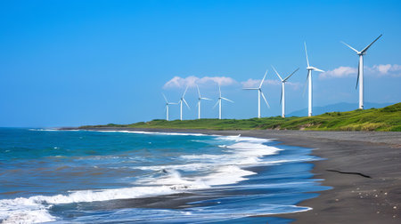 Wind Turbines Aligning a Scenic Coastal Shoreline with Waves. Concept of Renewable Energy, Sustainable Technology, Oceanfront Landscape, and Clean Power Generation.の写真素材