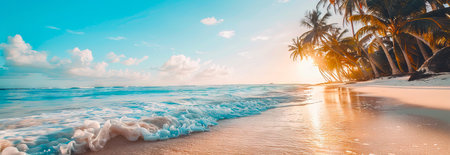 Tranquil sunrise on a sandy beach with clear blue waters and palm trees.の写真素材