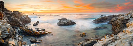 Serene rocky shore at sunset with vibrant sky and calm sea for nature art and decorations. Banner.